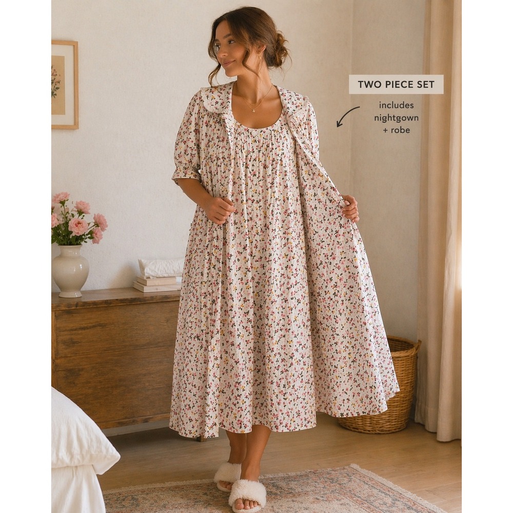 VTG Willow Creek Floral Cotton Gown & Robe Set Cottagecore Prairie‎ Medium USA